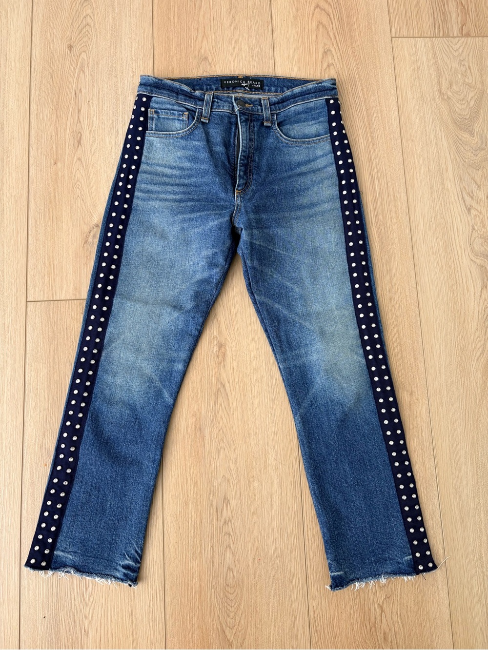 Veronica Beard Ines Cropped Straight Leg Girlfriend Jeans Size 27 Studded Stripe